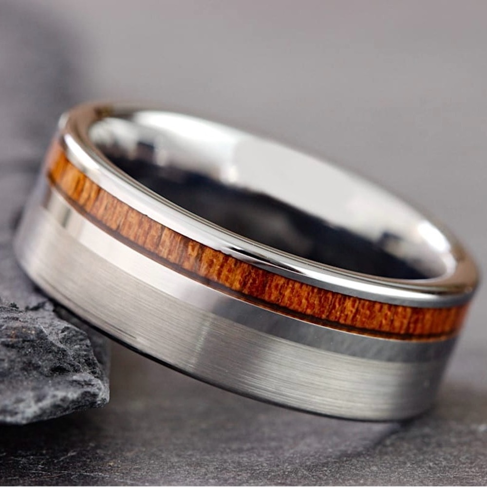 Silver Koa Wood Tungsten Men’s Ring